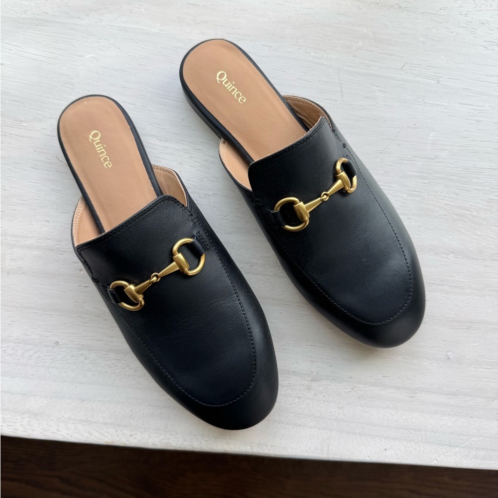 Quince Black Leather Mules with Gold Accents